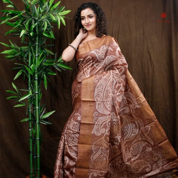 DIGNUM Other - Exclusive Brown Pure Tussar Silk Hand Painted Saree